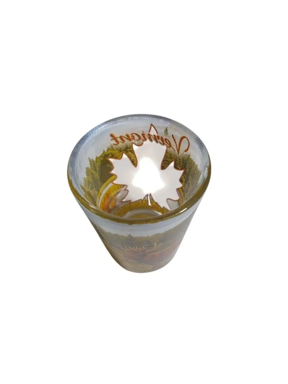 Vermont Moose Souvenir Shot Glass Collectible Maple Leaf Colorful Scenic Artwork